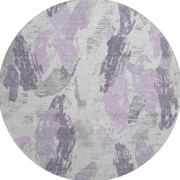 HomeRoots 8' X 8' Stylish Lavender, Ivory & Gray Abstract Round Rug - Washable, UV Protected & Durable Design 694655