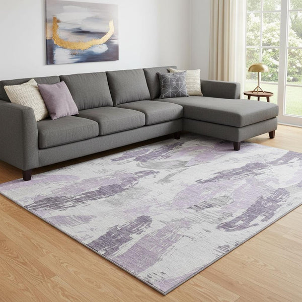 HomeRoots 8' Abstract Area Rug in Lavender, Ivory & Gray - Washable, Stain Resistant, UV Protected, Modern Design 694656