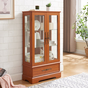 English Elm Glass Lighted Curio Cabinet DARK OAK with Adjustable Glass Shelves, Vintage Handles, Bulb Included W2275P295883