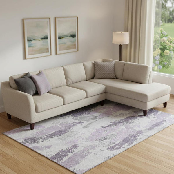 HomeRoots 9' X 12' Abstract Washable Area Rug in Lavender, Ivory & Gray with UV Protection for Modern Spaces 694657