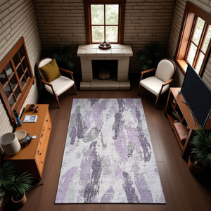 HomeRoots 9' X 12' Abstract Washable Area Rug in Lavender, Ivory & Gray with UV Protection for Modern Spaces 694657