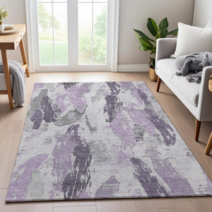 HomeRoots 9' X 12' Abstract Washable Area Rug in Lavender, Ivory & Gray with UV Protection for Modern Spaces 694657