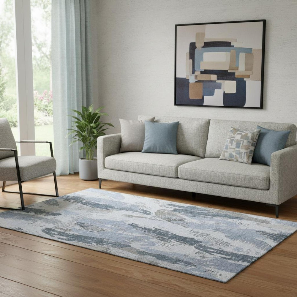 HomeRoots 5' X 8' Sky Blue, Gray & Ivory Abstract Washable Area Rug - UV Protected, Non-Slip, Stain Resistant 694660