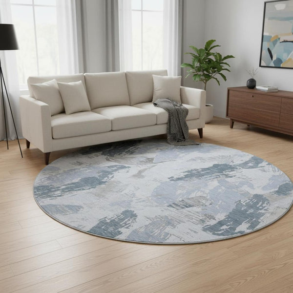 HomeRoots 8' X 8' Stylish Sky Blue Gray Ivory Abstract Washable Round Rug with UV Protection for Busy Homes 694661