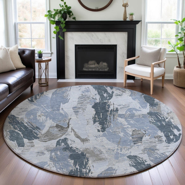 HomeRoots 8' X 8' Stylish Sky Blue Gray Ivory Abstract Washable Round Rug with UV Protection for Busy Homes 694661