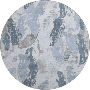 HomeRoots 8' X 8' Stylish Sky Blue Gray Ivory Abstract Washable Round Rug with UV Protection for Busy Homes 694661