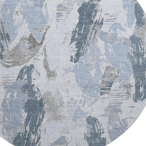 HomeRoots 8' X 8' Stylish Sky Blue Gray Ivory Abstract Washable Round Rug with UV Protection for Busy Homes 694661