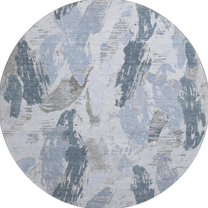HomeRoots 8' X 8' Stylish Sky Blue Gray Ivory Abstract Washable Round Rug with UV Protection for Busy Homes 694661