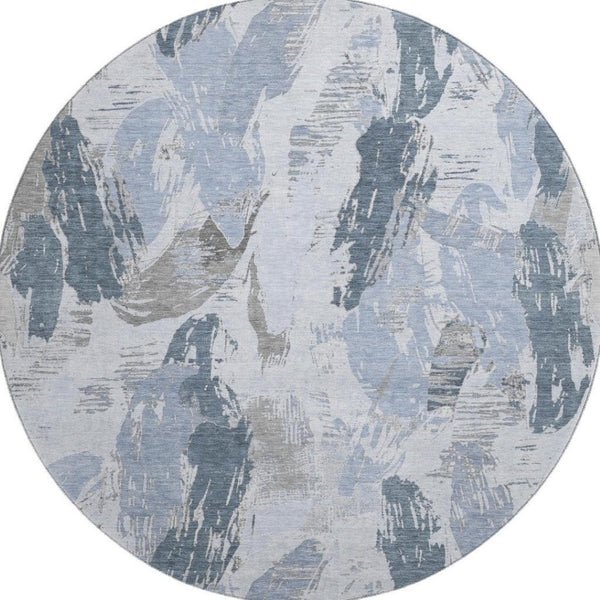 HomeRoots 8' X 8' Stylish Sky Blue Gray Ivory Abstract Washable Round Rug with UV Protection for Busy Homes 694661