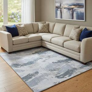 HomeRoots 8' Sky Blue, Gray & Ivory Abstract Washable Area Rug - Durable, UV-Protected for High-Traffic Spaces 694662