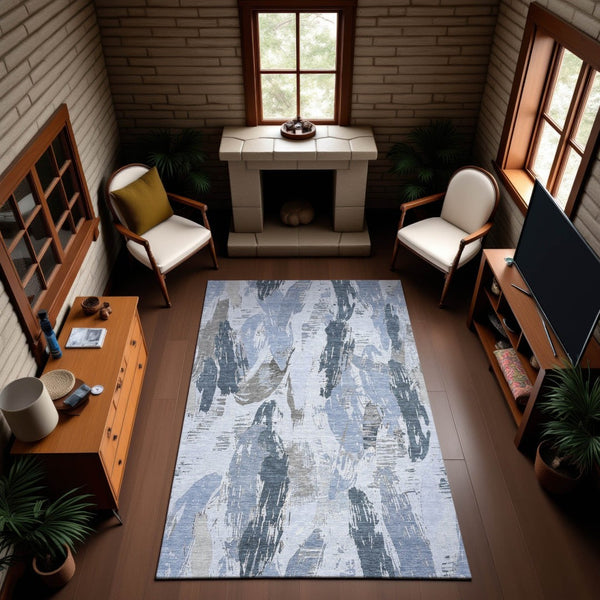 HomeRoots 9' X 12' Sky Blue Gray Ivory Washable Area Rug with UV Protection for Modern Spaces and Easy Care 694663
