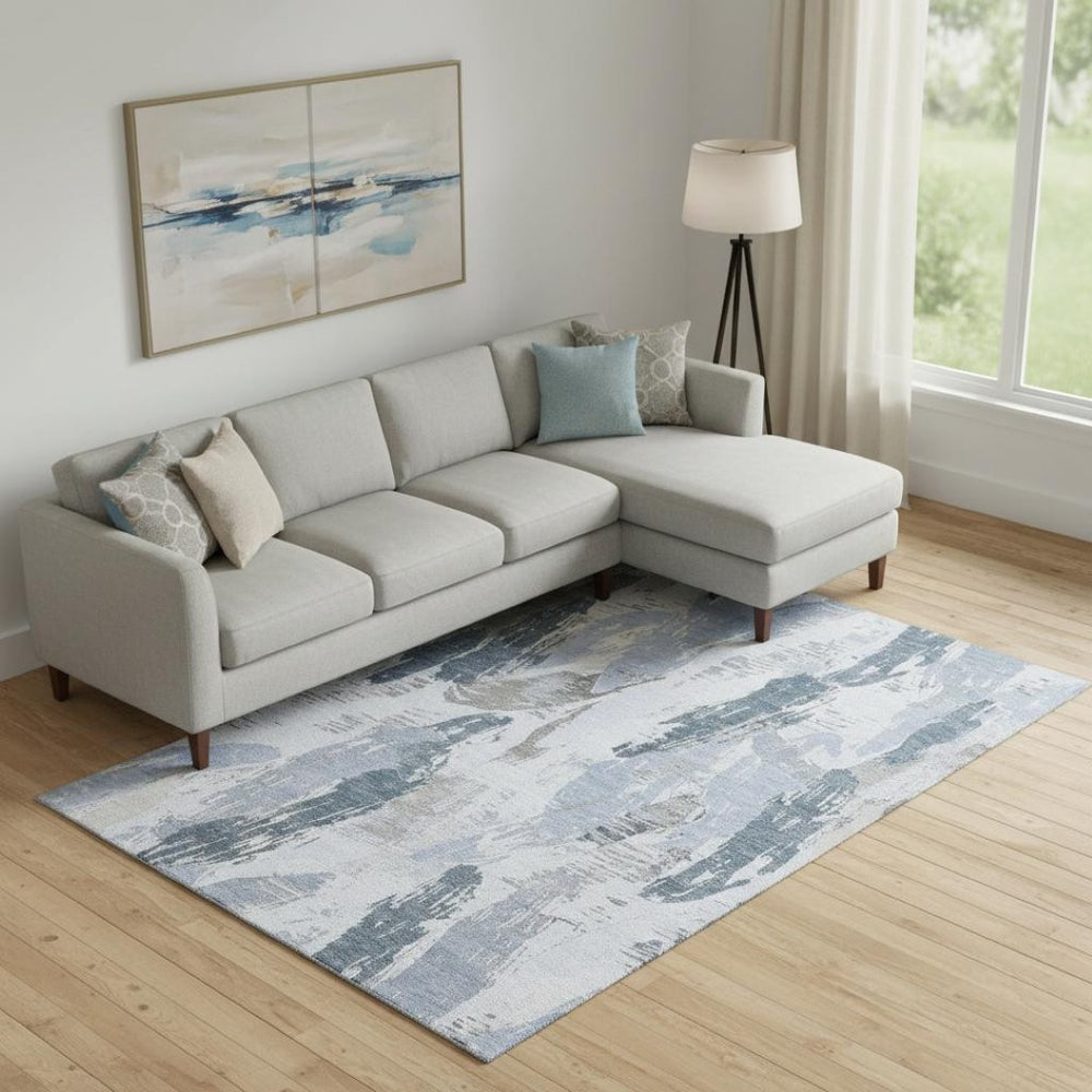 HomeRoots 10' Sky Blue, Gray & Ivory Abstract Area Rug - Washable, UV Protected, Perfect for High Traffic Spaces! 694664