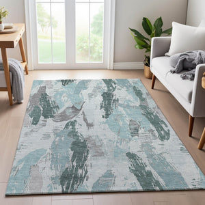 HomeRoots 5' X 8' Teal Ivory Gray Abstract Area Rug – Washable, UV Protected for High-Traffic Homes & Style 694666