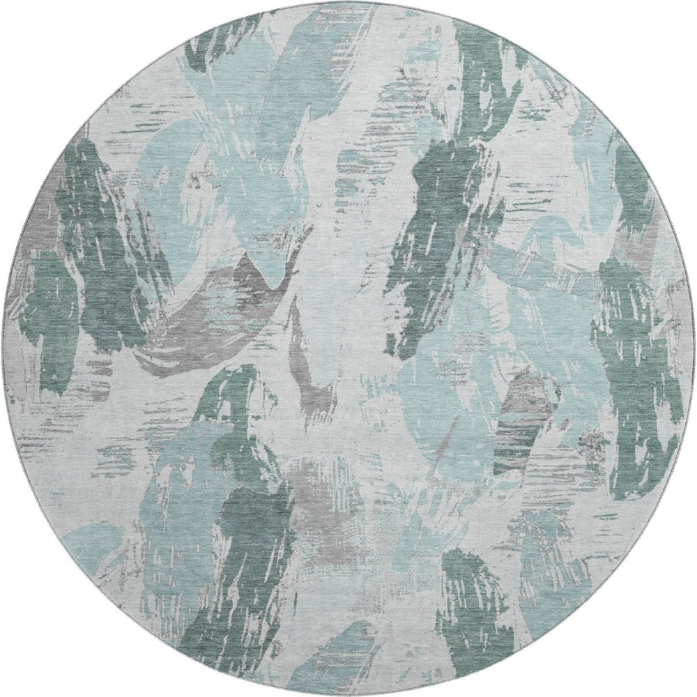HomeRoots 8' X 8' Washable Teal, Ivory & Gray Abstract Round Rug with UV Protection for Modern Spaces 694667