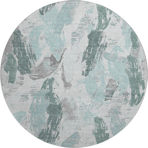 HomeRoots 8' X 8' Washable Teal, Ivory & Gray Abstract Round Rug with UV Protection for Modern Spaces 694667