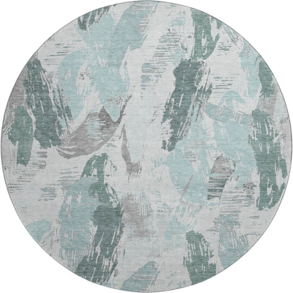 HomeRoots 8' X 8' Washable Teal, Ivory & Gray Abstract Round Rug with UV Protection for Modern Spaces 694667