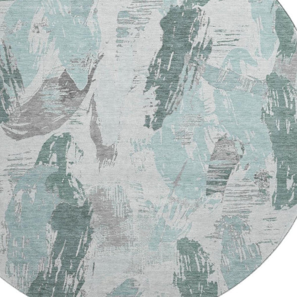 HomeRoots 8' X 8' Washable Teal, Ivory & Gray Abstract Round Rug with UV Protection for Modern Spaces 694667