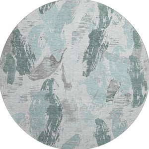 HomeRoots 8' X 8' Washable Teal, Ivory & Gray Abstract Round Rug with UV Protection for Modern Spaces 694667