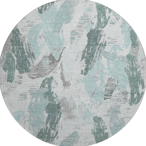 HomeRoots 8' X 8' Washable Teal, Ivory & Gray Abstract Round Rug with UV Protection for Modern Spaces 694667