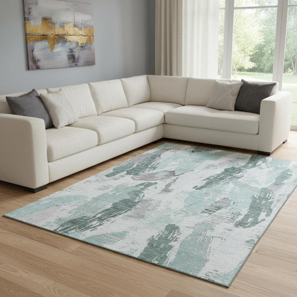 HomeRoots 8' Vibrant Teal Ivory and Gray Abstract Area Rug - Washable, UV Protected, Non-Slip Backing for Style 694668