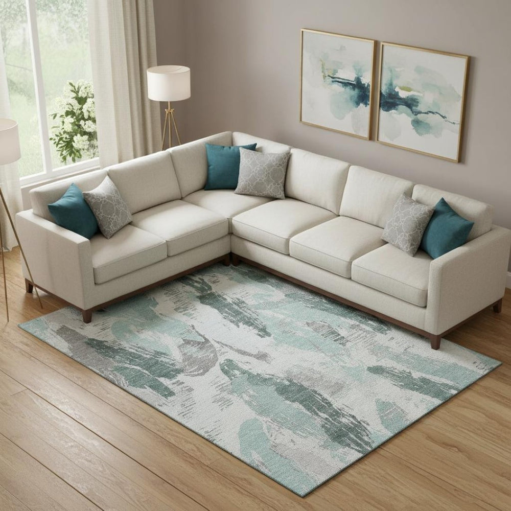 HomeRoots 9' X 12' Teal Ivory and Gray Abstract Area Rug - Washable, UV Protected, Durable for High-Traffic Spaces 694669