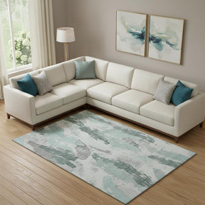 HomeRoots 10' Teal Ivory and Gray Abstract Washable Area Rug – UV Protected, Stain Resistant, Perfect for Any Room 694670