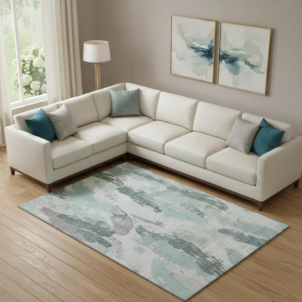 HomeRoots 10' Teal Ivory and Gray Abstract Washable Area Rug – UV Protected, Stain Resistant, Perfect for Any Room 694670