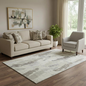 HomeRoots 5' X 8' Abstract Washable Area Rug in Taupe, Ivory, Gray - UV Protection, Stain-Resistant, Non-Slip 694672