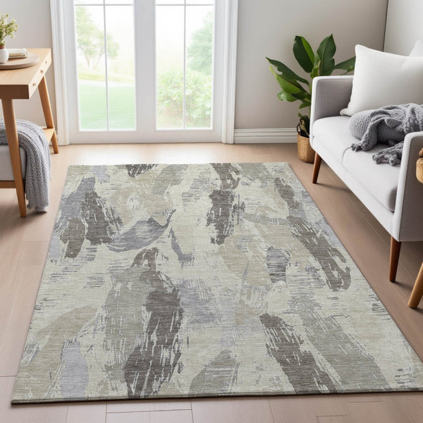 HomeRoots 5' X 8' Abstract Washable Area Rug in Taupe, Ivory, Gray - UV Protection, Stain-Resistant, Non-Slip 694672