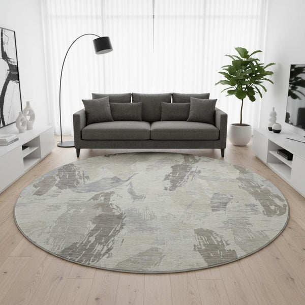 HomeRoots 8' X 8' Washable Round Rug in Taupe, Ivory & Gray - Modern Abstract Design with UV Protection 694673