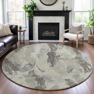 HomeRoots 8' X 8' Washable Round Rug in Taupe, Ivory & Gray - Modern Abstract Design with UV Protection 694673