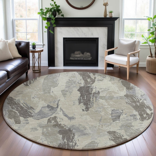 HomeRoots 8' X 8' Washable Round Rug in Taupe, Ivory & Gray - Modern Abstract Design with UV Protection 694673