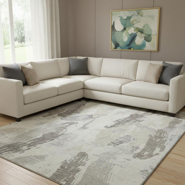 HomeRoots 8' Elegant Taupe Ivory Gray Abstract Area Rug - Washable, UV Protected, Family-Friendly Design 694674