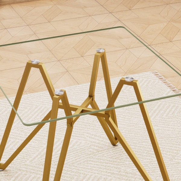 HomeRoots 35" Striking White Glass and Gold Steel Square Trestle Coffee Table for Modern Living Rooms and Offices 694682