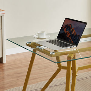 HomeRoots 71" White and Gold Glass Coffee Table - Modern Trestle Design for Stylish Living Spaces & Offices 694683