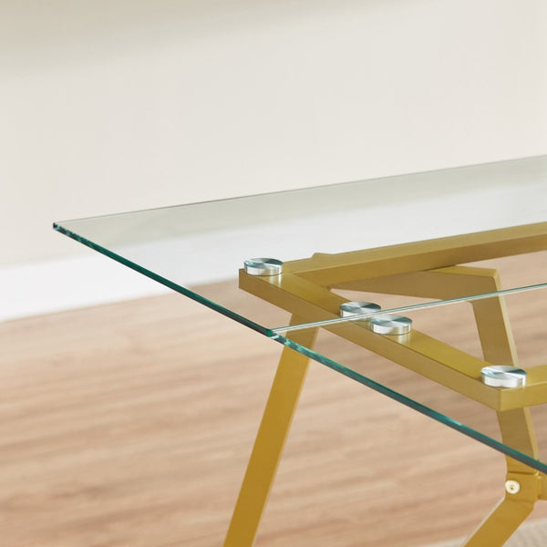 HomeRoots 71" White and Gold Glass Coffee Table - Modern Trestle Design for Stylish Living Spaces & Offices 694683