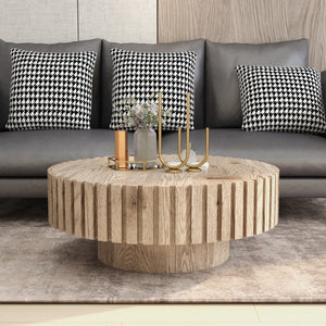HomeRoots 32" Modern Natural Wood Round Pedestal Coffee Table – Sculptural Design for Stylish Spaces 694685