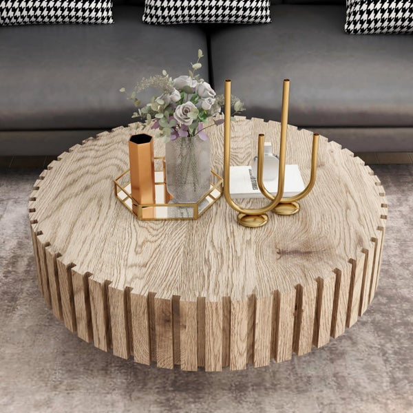 HomeRoots 32" Modern Natural Wood Round Pedestal Coffee Table – Sculptural Design for Stylish Spaces 694685