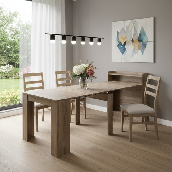 HomeRoots 98" Light Brown Wood Extendable Dining Table with Integrated Storage for Modern Versatility & Style 694688