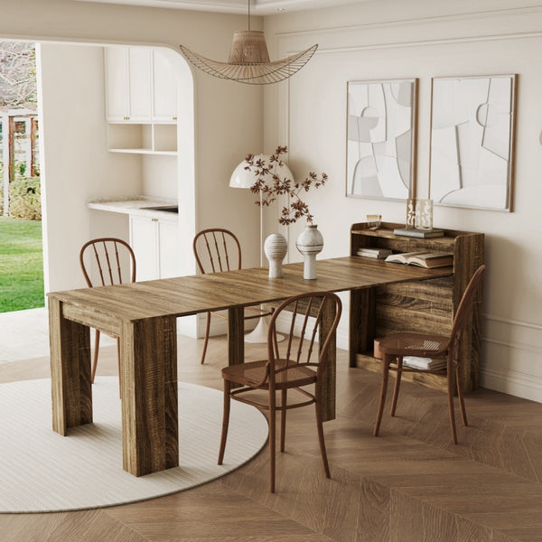 HomeRoots 98" Light Brown Wood Extendable Dining Table with Integrated Storage for Modern Versatility & Style 694688