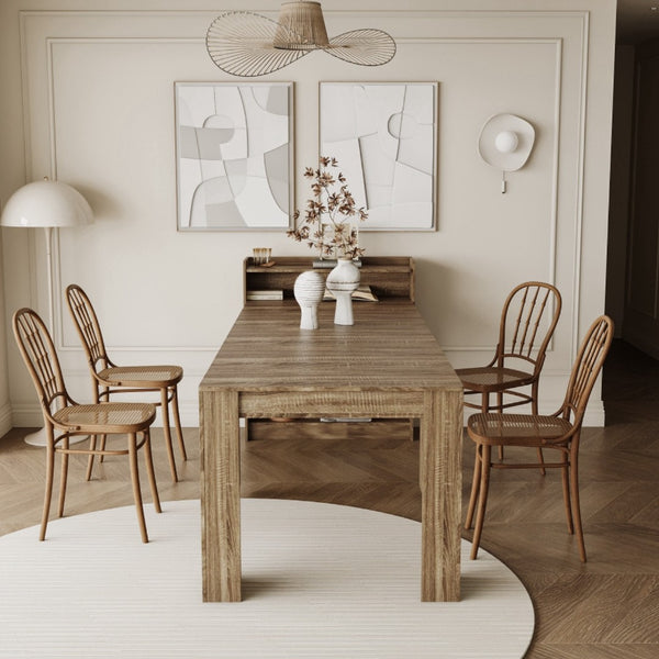 HomeRoots 98" Light Brown Wood Extendable Dining Table with Integrated Storage for Modern Versatility & Style 694688