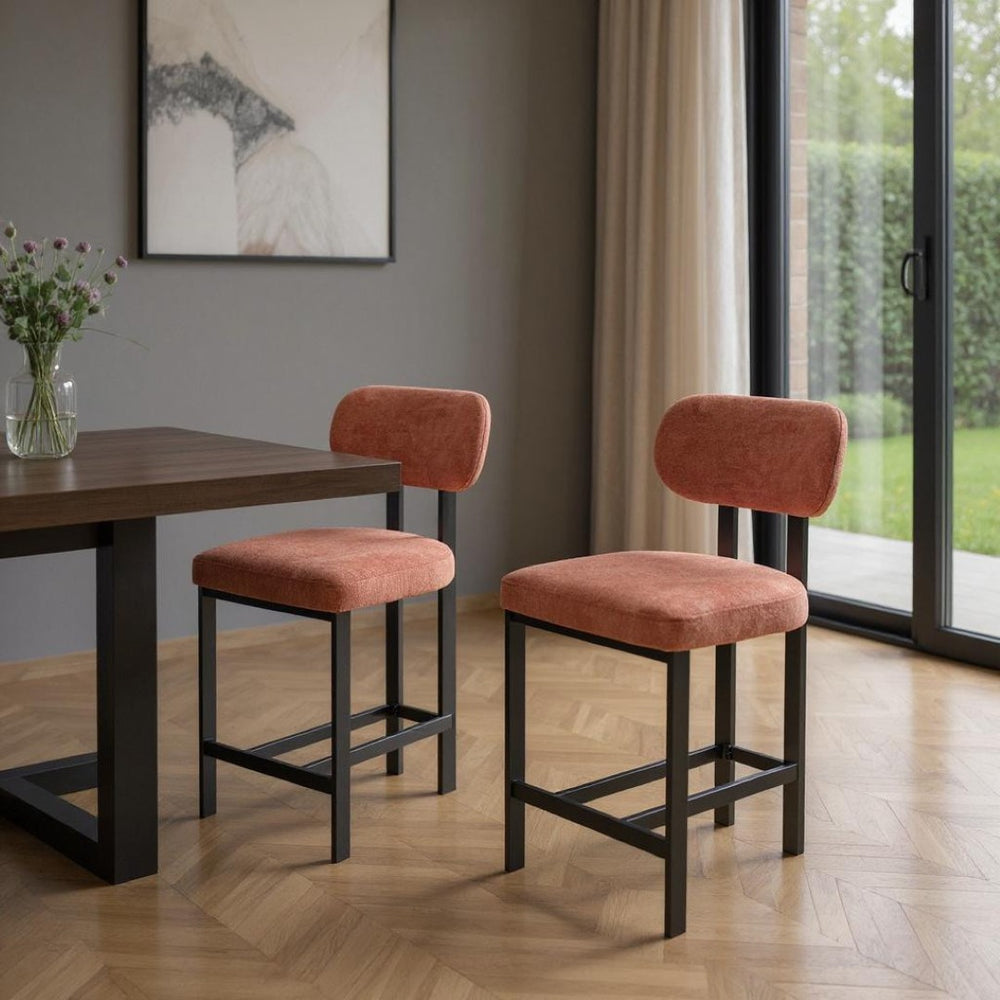 HomeRoots Set of Two Modern 26" Orange Upholstered Bar Chairs with Sleek Black Metal Frame for Comfort 694698
