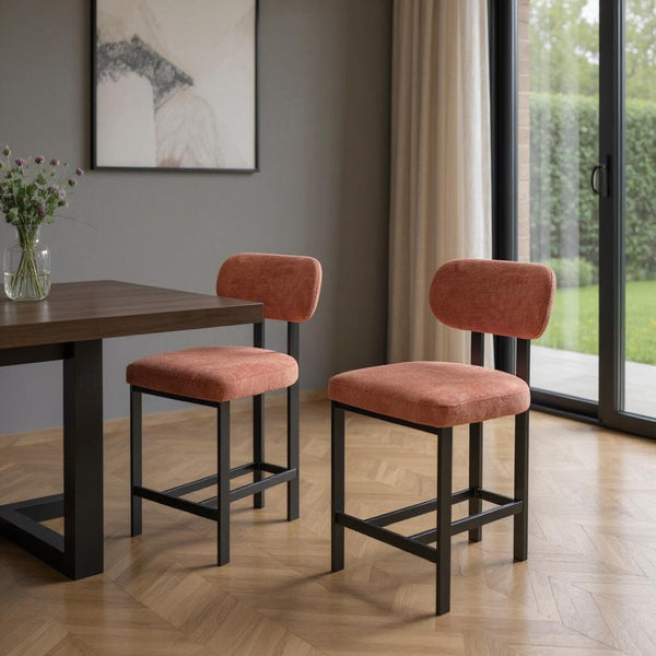 HomeRoots Set of Two Modern 26" Orange Upholstered Bar Chairs with Sleek Black Metal Frame for Comfort 694698