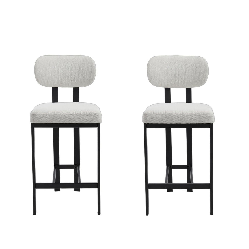 HomeRoots Set of Two Sleek 26" White Fabric & Black Metal Counter Height Bar Chairs for Modern Spaces 694699