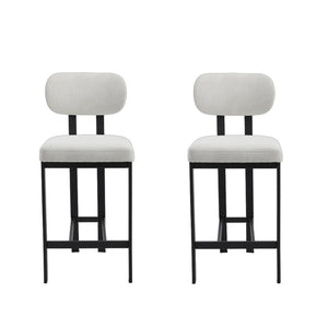 HomeRoots Set of Two Sleek 26" White Fabric & Black Metal Counter Height Bar Chairs for Modern Spaces 694699