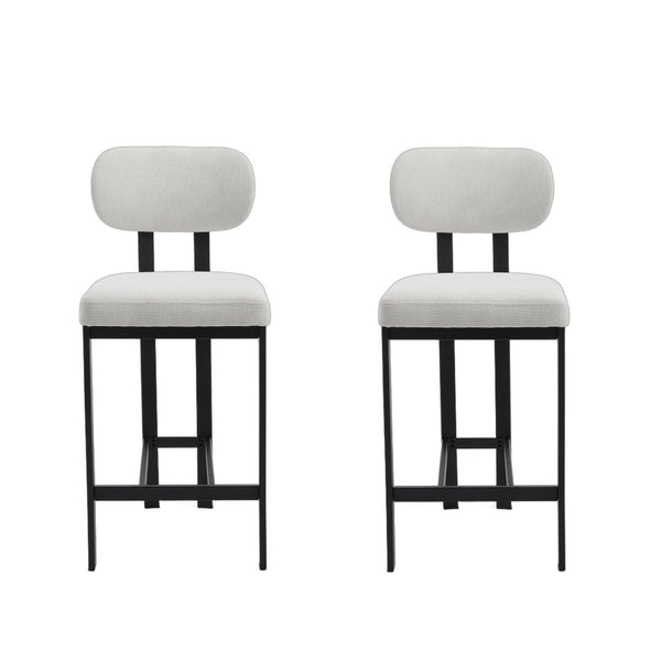 HomeRoots Set of Two Sleek 26" White Fabric & Black Metal Counter Height Bar Chairs for Modern Spaces 694699