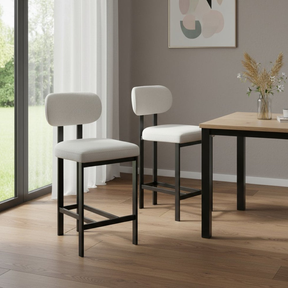 HomeRoots Set of Two Sleek 26" White Fabric & Black Metal Counter Height Bar Chairs for Modern Spaces 694699