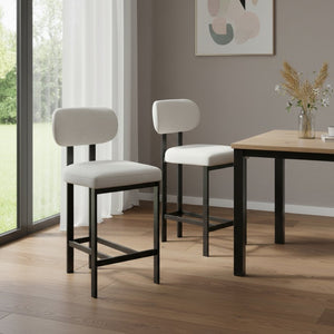 HomeRoots Set of Two Sleek 26" White Fabric & Black Metal Counter Height Bar Chairs for Modern Spaces 694699