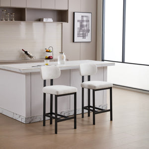 HomeRoots Set of Two Sleek 26" White Fabric & Black Metal Counter Height Bar Chairs for Modern Spaces 694699