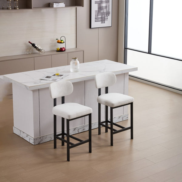 HomeRoots Set of Two Sleek 26" White Fabric & Black Metal Counter Height Bar Chairs for Modern Spaces 694699